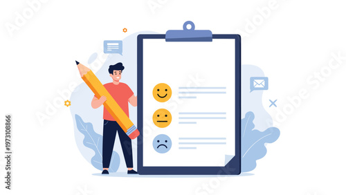 Creative illustration of a man holding a giant pencil next to a large clipboard featuring a feedback form with emoji ratings, symbolizing customer satisfaction, surveys, and reviews.