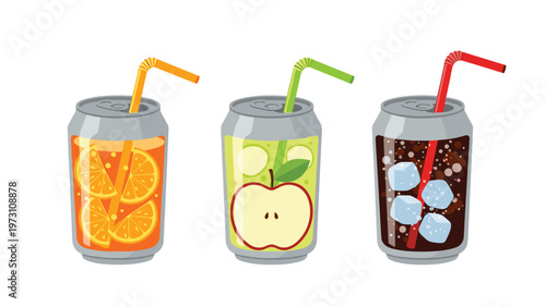 Colorful illustration of three refreshing soda cans with different fruit flavors: orange, apple, and cola, each with a straw and ice, perfect for summer beverages.