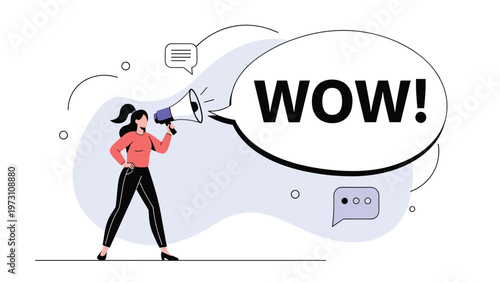 Dynamic illustration of a woman enthusiastically shouting "WOW!" into a large megaphone and speech bubble, symbolizing surprise, excitement, and impactful announcements or marketing.
