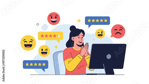Joyful woman sitting at a computer, surrounded by various happy emoji faces and star rating bubbles, symbolizing positive customer reviews, feedback, and online satisfaction.