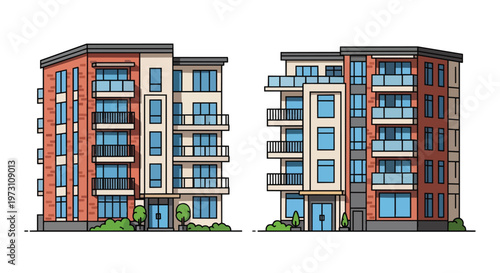 Illustrative depiction of modern apartment buildings showcasing contemporary urban residential architecture with balconies and windows