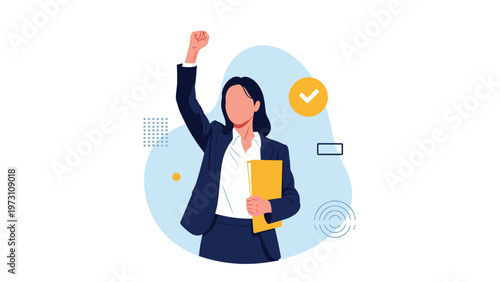 Empowering illustration of a triumphant woman with her fist raised in celebration, holding a folder, symbolizing success, achievement, victory, and professional accomplishment.