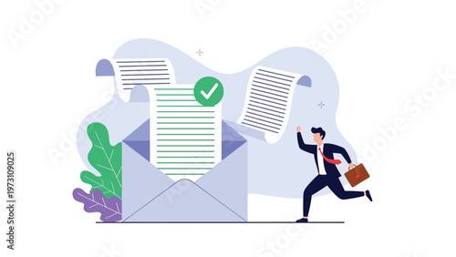 Energetic businessman happily running from a large open envelope with flying documents and a green checkmark, symbolizing successful email marketing, job applications, or positive notifications.