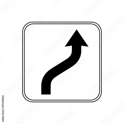 Black curved arrow sign on white background, indicating direction change
