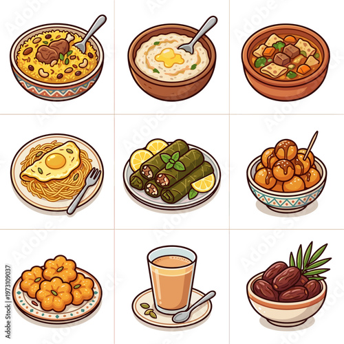 Collection of traditional Middle Eastern food icons and dishes vector illustration