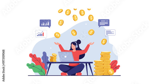 Energetic illustration of a successful woman sitting with a laptop, surrounded by abundant falling coins and piles of money, symbolizing financial success, income, and profitable investments.