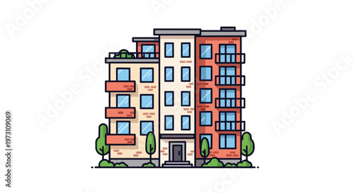A vibrant, modern, multi-story apartment building illustration with brick and stucco facades, balconies, trees, and a clear white background perfect