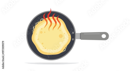 Cartoon pancake cooking in a pan with steam rising, illustrating delicious breakfast preparation and culinary delight