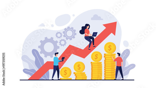 Dynamic illustration of people interacting with an upward-trending arrow and growing stacks of coins, with gears in the background, symbolizing financial growth, investment, and business success.