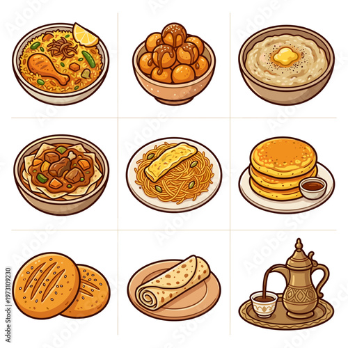 Middle Eastern and Arabic cuisine food icons set isolated on white vector illustration