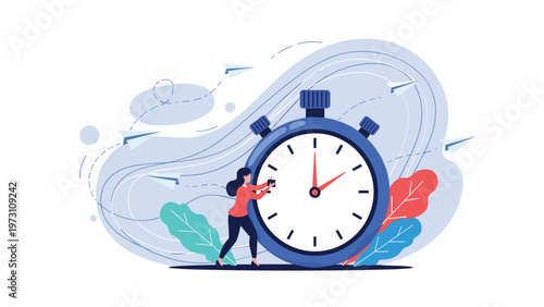 Creative illustration of a woman interacting with a giant stopwatch, surrounded by flying paper planes, symbolizing effective time management, productivity, and meeting deadlines efficiently.