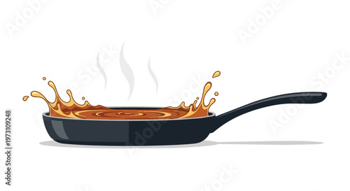 Dynamic Culinary Splash: Sizzling Liquid Erupts from a Hot Frying Pan with Wisps of Steam Ascending