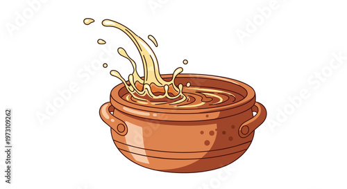 Dynamic splash of creamy liquid cascading into a rustic earthenware pot, evoking culinary creativity and deliciousness