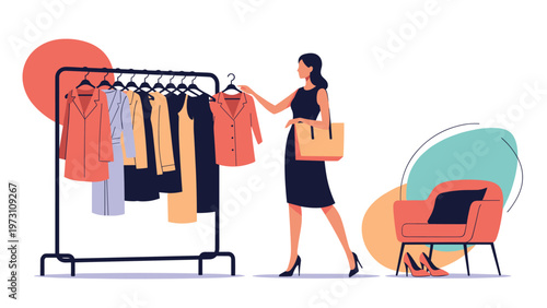 Elegant illustration of a woman enjoying a shopping trip, browsing clothes on a rack, with an armchair and shoes in the background, symbolizing fashion, retail, and personal style.