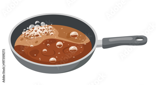 Bubbling brown liquid in a frying pan with a handle, depicting a cooking process or a science experiment