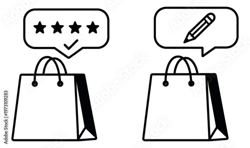 Line art shopping bags icon set featuring feedback speech bubbles with stars and a pencil for customer reviews and online rating