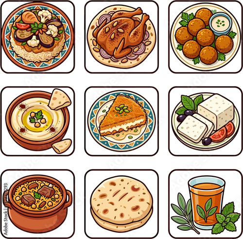 Middle Eastern food dishes set featuring hummus falafel and desserts vector illustration