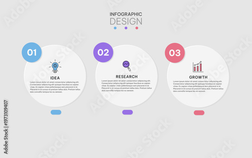 3 Steps Circular Infographic with Flat Design Elements. Clean Rounded Infographic Layout for Business Workflow Presentation