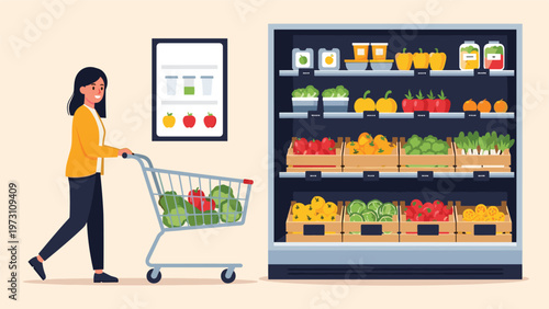 Engaging illustration of a woman happily pushing a shopping cart filled with fresh vegetables in a brightly lit supermarket aisle, symbolizing grocery shopping and healthy eating.