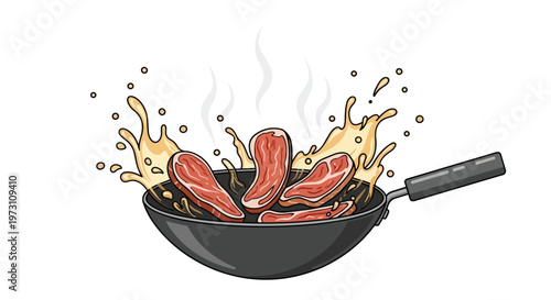 Vibrant illustration of sizzling steak slices cooking in a wok with dynamic liquid splashes and steam rising