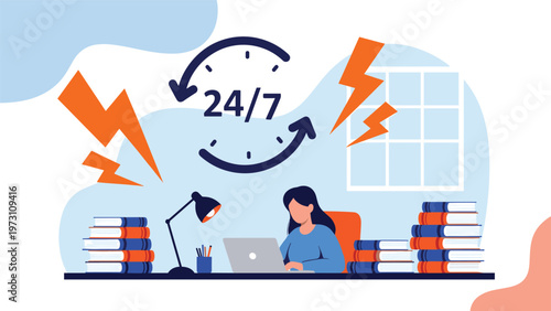 Stressed woman working late on a laptop, surrounded by books and lightning bolts, symbolizing burnout and demanding 24/7 work.