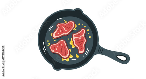Juicy beef steaks sizzle in a cast iron pan with bubbling butter and spices creating a delicious meal preparation