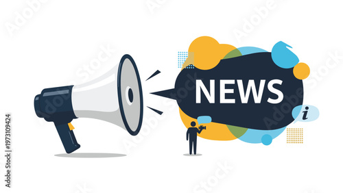 Dynamic illustration of a giant megaphone broadcasting "NEWS" in a speech bubble, accompanied by a tiny man with a smaller megaphone, symbolizing important announcements, media, and public relations.