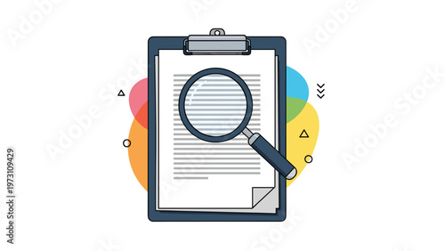 Magnifying glass over a document on a clipboard, representing thorough analysis, examination, research, and inspection processes.