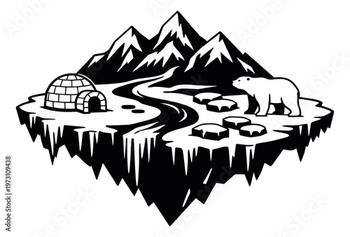 Hand drawn line art illustration of an arctic scene depicting a polar bear, an igloo, and mountains on a floating ice floe for nature and environment themes