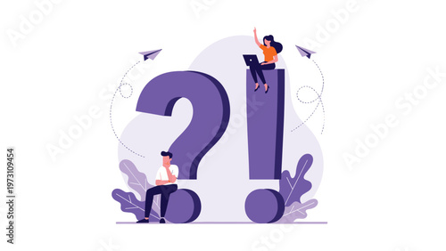 People sitting on and around large question and exclamation marks, representing problem-solving, ideas, curiosity, and communication.