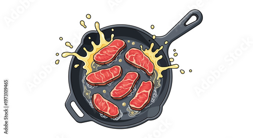 Succulent sirloin steaks sizzling in a hot cast iron skillet with bubbling butter, a vibrant culinary illustration capturing the essence of a