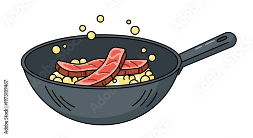 Capturing the Culinary Art of Frying Steaks with Grains in a Skillet, a Vibrant and Simple Illustration