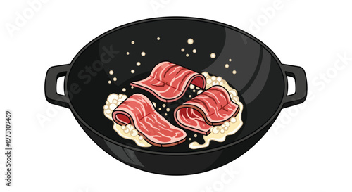 Illustration of thinly sliced red meat sizzling in a black wok with a creamy white sauce and small white dots representing seasoning