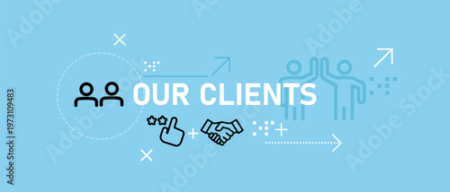our clients and customer satisfaction user icons feedback rating on blue background business testimonial service quality trust and corporate client relationship