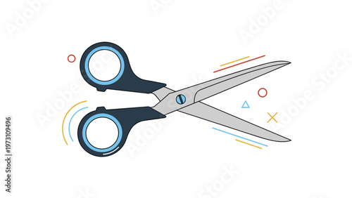 Detailed illustration of a pair of open scissors with blue handles, representing cutting, trimming, crafts, and precision.