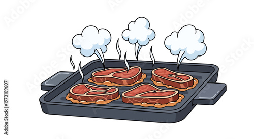 Steak sizzles on a hot grill pan emitting delightful steam clouds, a culinary masterpiece in progress on a white background