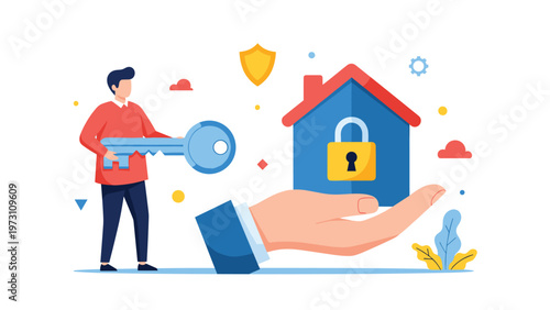 Man holding a giant key next to a locked house in a hand, symbolizing home security, real estate, property ownership, and safety.