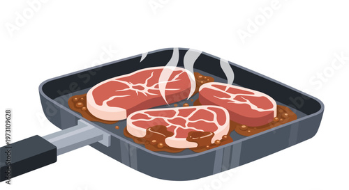 Artistic representation of raw steaks sizzling in a griddle pan, creating culinary delight