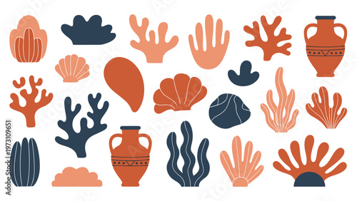 Collection of various sea corals, shells, and ancient vases, symbolizing marine life, underwater beauty, archaeology, and natural elements.