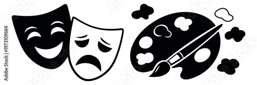 Line art creative arts set featuring comedy and tragedy masks and an artist palette with a brush for artistic expression and entertainment themes