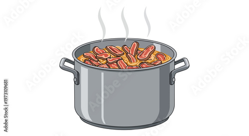 Illustration of a steaming pot brimming with delicious, slow-cooked meat and noodles, prepared for serving