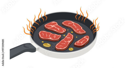 Sizzling Beef Steaks Being Pan-Seared with Heat and Oil in a Cooking Skillet, A Culinary Illustration