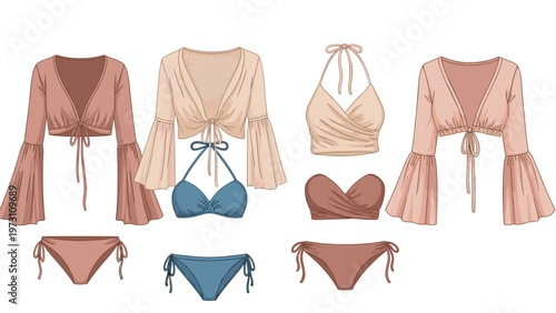 Flat lay of diverse two-piece bikini sets and long-sleeve cover-ups, illustrating summer fashion, beachwear, and vacation apparel.