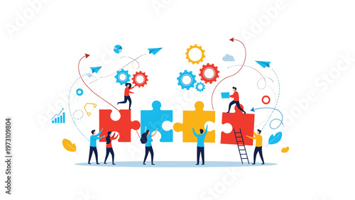 Team of people building a giant puzzle, symbolizing teamwork, problem-solving, collaboration, and achieving shared goals.