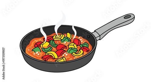Illustration of a frying pan filled with colorful sizzling vegetables and a bubbling sauce, emitting gentle steam.