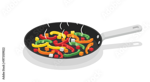 Vibrant Sliced Bell Peppers and Cubes Sizzling in a Skillet with Gentle Steam Rising, A Culinary Illustration