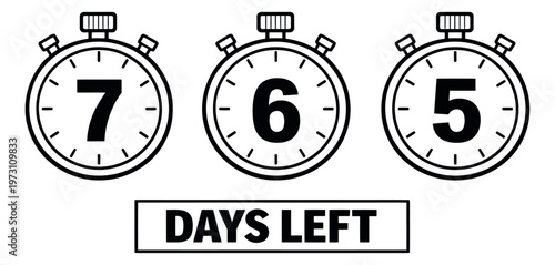 Line art countdown timer set featuring stopwatches with '7', '6', '5' days left for deadlines and promotions