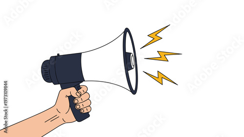Hand holding a megaphone with lightning bolts, symbolizing announcement, public address, marketing, and communication.
