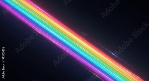 Vibrant glowing rainbow light strips diagonally across a dark background, creating a modern abstract visual effect.