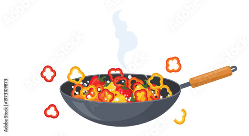 Vibrant Sliced Bell Peppers Sizzling in a Wok with Wisps of Steam Evaporating into the Air Creating a Culinary Delight